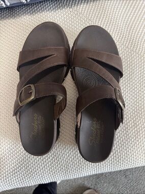Skechers Women’s Dark Brown Two-Strap Buckle Slide Sandals